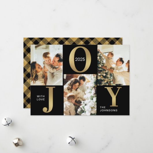 Elegant Joy Zwart Goud Fotocollage Kerstmis Feestdagenkaart (Voorkant / Achterkant in situ)
