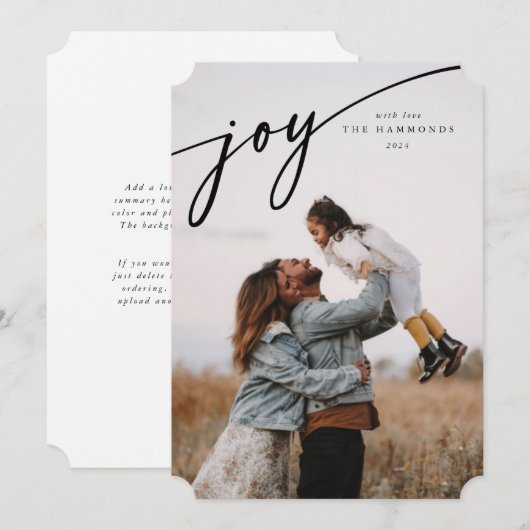 Elegant 'Joy' Zwarte Typografische Script Feestdagenkaart (Voorkant / Achterkant)