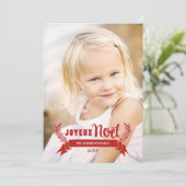 Elegant Joyeux Noel Rustic Snowflakes Foto Rood Feestdagenkaart (Staand voorkant)