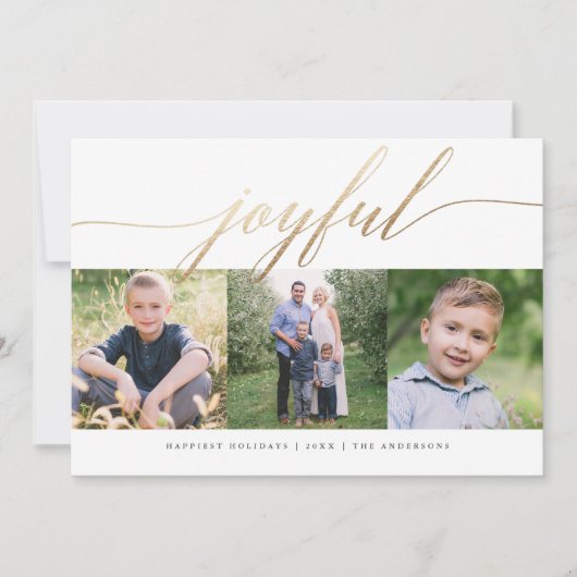 Elegant Joyful Gold Script Multi-Photo Holiday Feestdagenkaart (Voorkant)