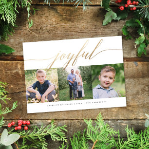 Elegant Joyful Gold Script Multi-Photo Holiday Feestdagenkaart