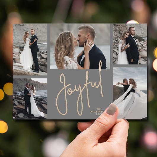 Elegant JOYFUL Multi-Photo Charcoal Grey Kerstmis Feestdagenkaart