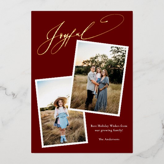 Elegant Joyful Red Calligraphy Foto Zwangerschap Folie Feestdagenkaart (Voorkant)
