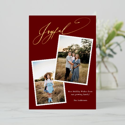 Elegant Joyful Red Calligraphy Foto Zwangerschap Folie Feestdagenkaart (Staand Voorkant)