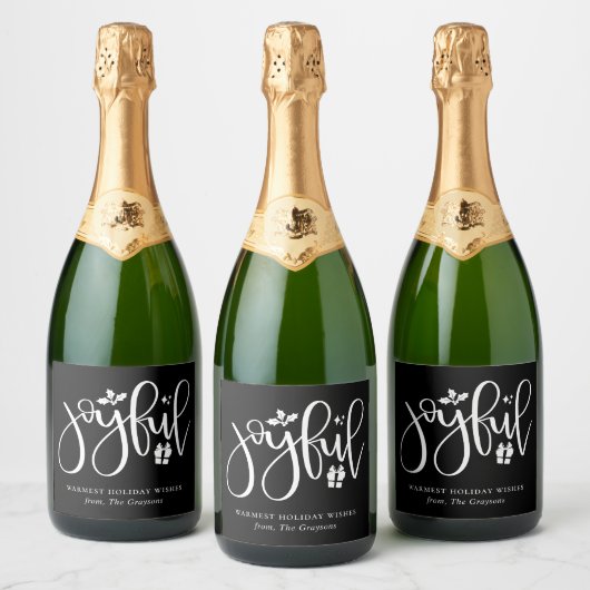 Elegant Joyful Script Black Holiday Sparkling Wijnetiket (Flessen)
