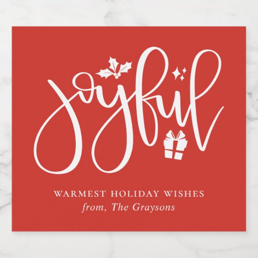 Elegant Joyful Script feestelijke rode vakantie Sparkling Wijnetiket (Enkel label)