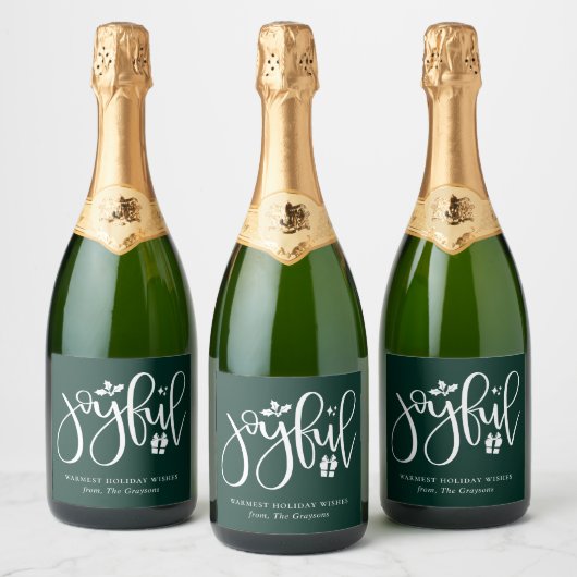 Elegant Joyful Script Festive Green Holiday Sparkling Wijnetiket (Flessen)