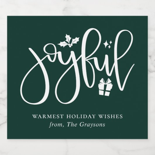 Elegant Joyful Script Festive Green Holiday Sparkling Wijnetiket (Enkel label)