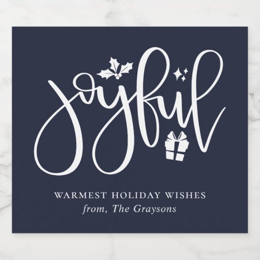 Elegant Joyful Script Navy Blue Vakantie Sparkling Wijnetiket (Enkel label)
