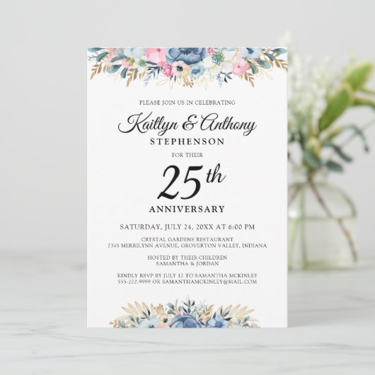 Elegant Jubileum Waterverf Bloemenblauw Goud Kaart (Staand voorkant)