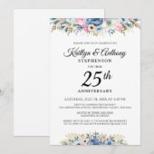 Elegant Jubileum Waterverf Bloemenblauw Goud Kaart (Voorkant / Achterkant)