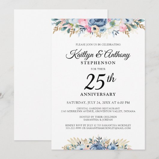 Elegant Jubileum Waterverf Bloemenblauw Goud Kaart (Voorkant / Achterkant)