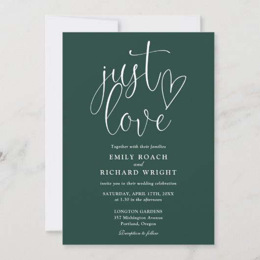 Elegant Just Love Script Emerald Green Wedding Kaart (Voorkant)