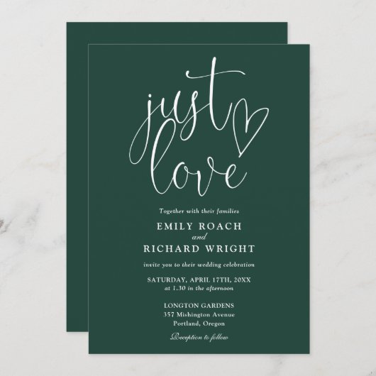 Elegant Just Love Script Emerald Green Wedding Kaart (Voorkant / Achterkant)