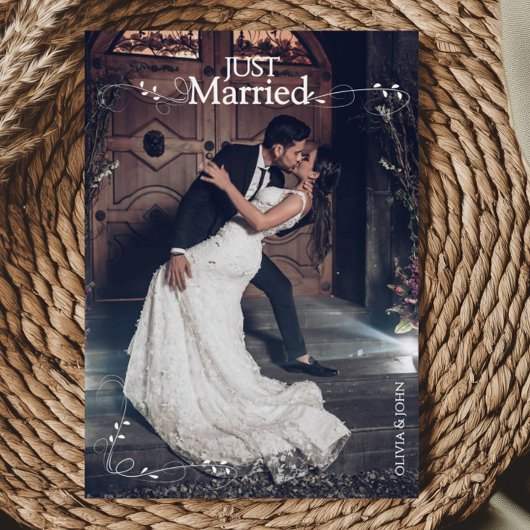 Elegant Just Married Elegant Script Photos Wedding Aankondiging