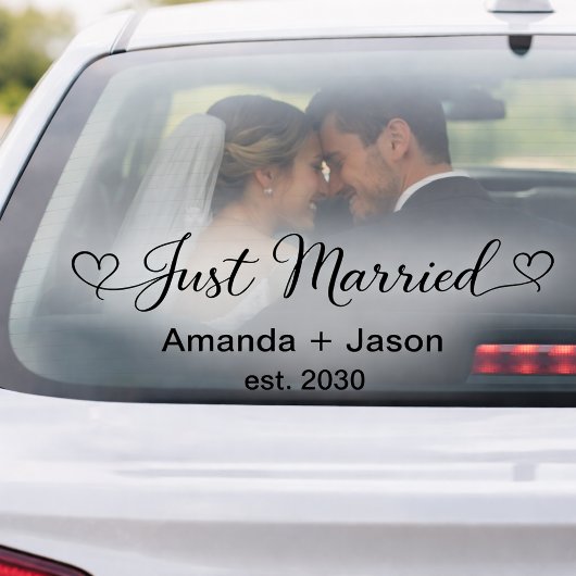 Elegant Just Married Hearts Black Script Raamsticker