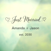 Elegant Just Married Hearts Black Script Raamsticker (Vel 3)