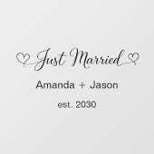 Elegant Just Married Hearts Black Script Raamsticker (Vel)