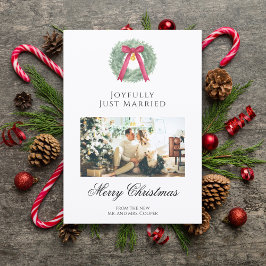 Elegant Just Married Newlywed Christmas Photo Card Feestdagen Kaart