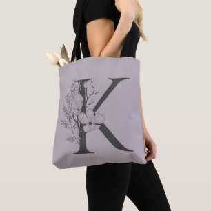 Elegant K Boho Floral Monogram Initiaal Lila grijs Tote Bag