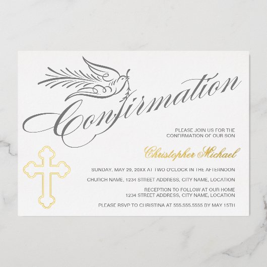 Elegant kalligrafie Kruis- en dove bevestiging Folie Uitnodiging (Voorkant)