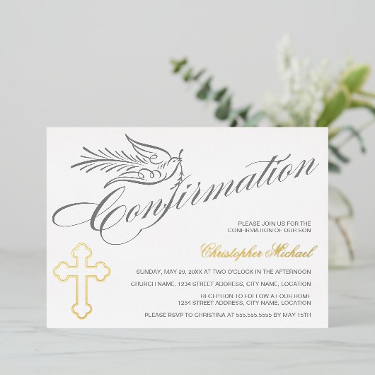 Elegant kalligrafie Kruis- en dove bevestiging Folie Uitnodiging (Staand Voorkant)