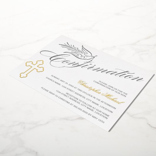 Elegant kalligrafie Kruis- en dove bevestiging Folie Uitnodiging (Gedraaid)