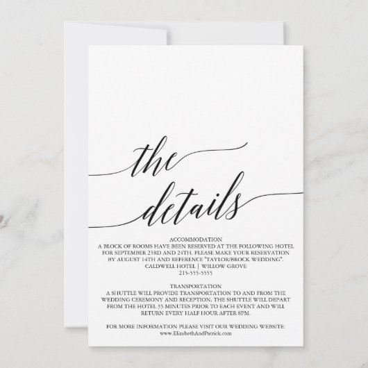Elegant kalligrafie met details over het huwelijk  kaart (Achterkant)
