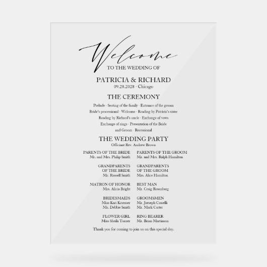 Elegant kalligrafie minimalistisch huwelijksprogra acryl bord (Voorkant)