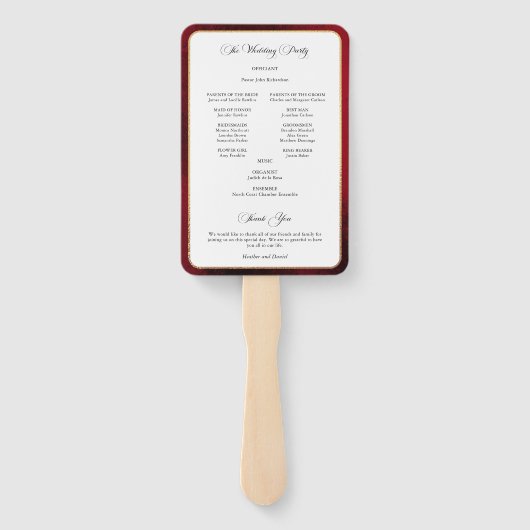 Elegant kalligrafie rood en gouden trouwprogramma handwaaier (Achterkant)