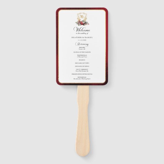 Elegant kalligrafie rood en gouden trouwprogramma handwaaier (Voorkant)