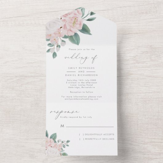 Elegant kalligrafie Roze en Witte Bloemen Bouw All In One Uitnodiging (Binnen)