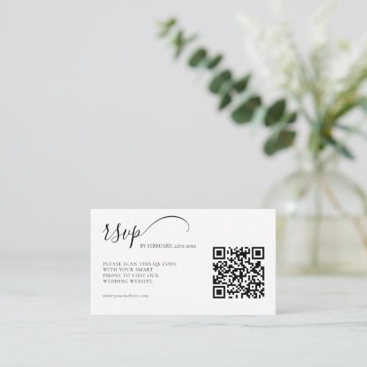 Elegant kalligrafie RSVP QR Code Weddenschap Informatiekaartje (Staand voorkant)