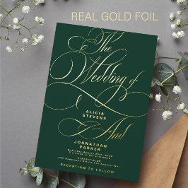 Elegant kalligrafie schrift goud donkergroene trou folie uitnodiging