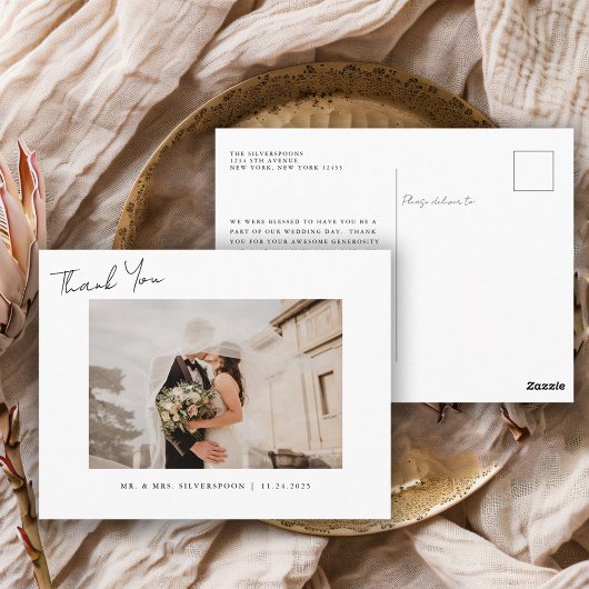 Elegant kalligrafie schrift trouwfoto dankjewel briefkaart