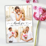 Elegant kalligrafie Script 3 Foto Collage Bruiloft Bedankkaart<br><div class="desc">Moderne elegante chique kalligrafie 3 foto collage bruiloft dank u kaart. Stijlvolle bruiloft dank u kaart sjabloon met drie (3) foto op de voorkant en een (1) foto op de achterkant. Met "dank u" tekst in een wervelende hand geletterde kalligrafie of typografie swash tail font script in zwart op witte...</div>