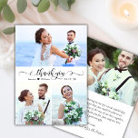 Elegant kalligrafie Script 3 Foto Collage Bruiloft Bedankkaart<br><div class="desc">Moderne Elegante Swirly Hand Lettered 3 Foto Collage Bruiloft Dank u Kaart. Stijlvolle bruiloft dank u kaart sjabloon met drie (3) foto op de voorkant en een (1) foto op de achterkant. Met de tekst "dank u" in een wervelende cursieve met de hand geletterde kalligrafie of typografie script lettertype in...</div>