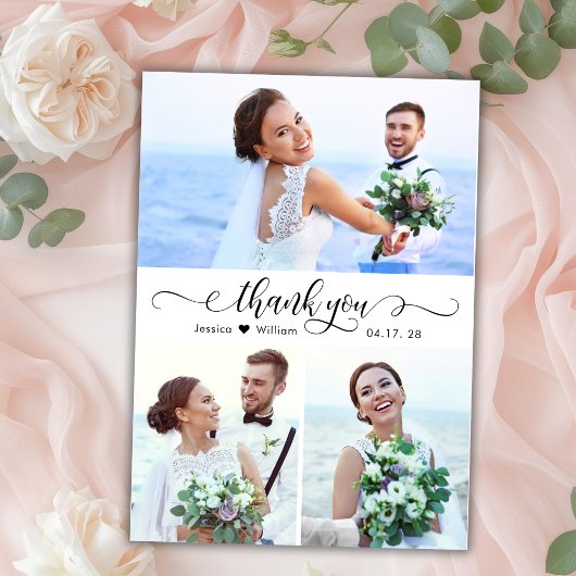 Elegant kalligrafie Script 3 Foto Collage Bruiloft Bedankkaart