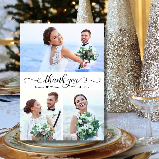 Elegant kalligrafie Script 3 Foto Collage Bruiloft Bedankkaart