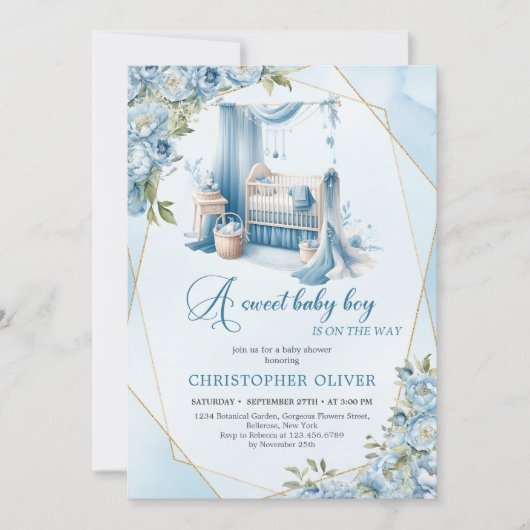 Elegant kalligrafie script baby wieg bloemenjongen kaart (Voorkant)