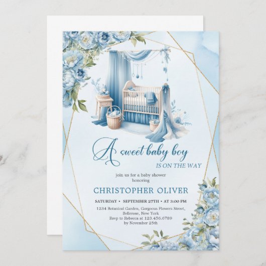 Elegant kalligrafie script baby wieg bloemenjongen kaart (Voorkant / Achterkant)