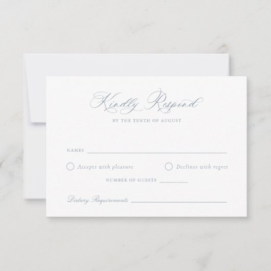 Elegant kalligrafie script blauwe trouw-RSVP kaart (Voorkant)