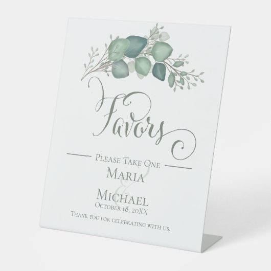 Elegant kalligrafie script Eucalyptus Favors Reclamebord Met Voetstuk (Voorkant)