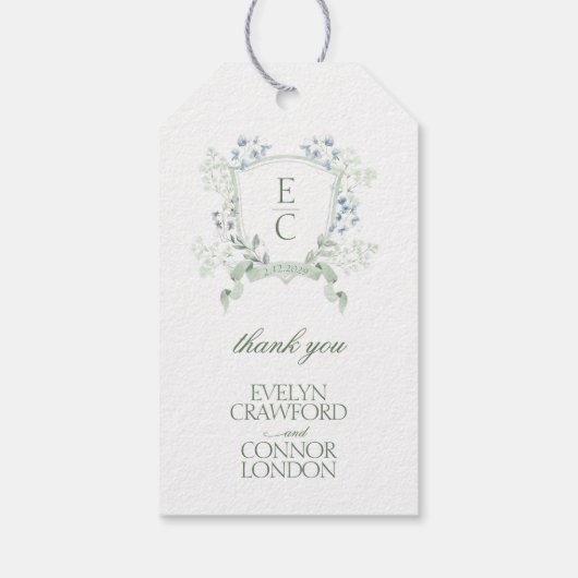 Elegant kalligrafie script Floral Crest Wedding Cadeaulabel (Achterkant)