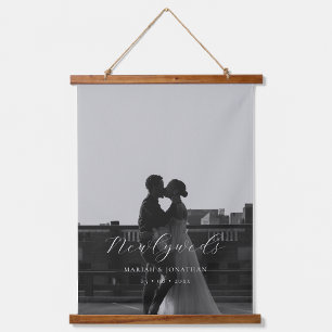 Elegant Kalligrafie Script Foto Pas getrouwd Gift Hangend Wandkleed