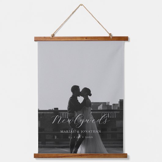 Elegant Kalligrafie Script Foto Pas getrouwd Gift Hangend Wandkleed