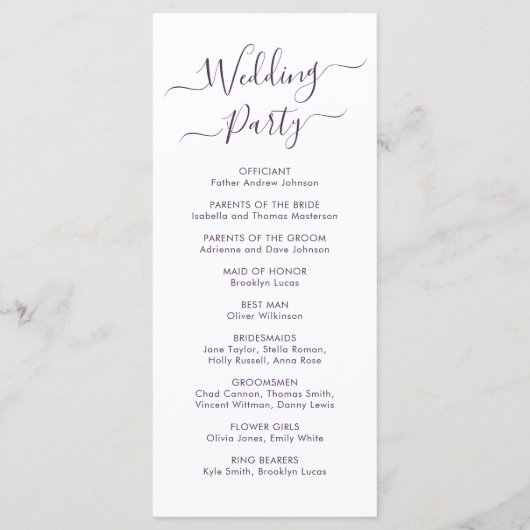 Elegant kalligrafie Script Paarse bruiloft ceremon Programmakaart (Achterkant)