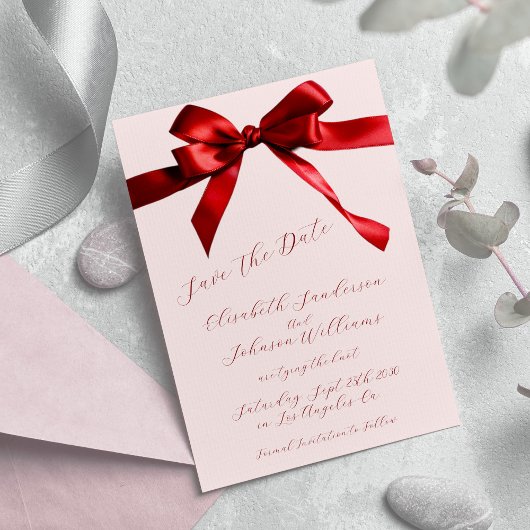 Elegant kalligrafie script rood strik roze bruilof save the date