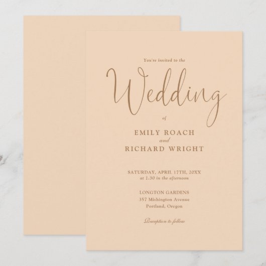 Elegant kalligrafie script zachte perzik bruiloft kaart (Voorkant / Achterkant)