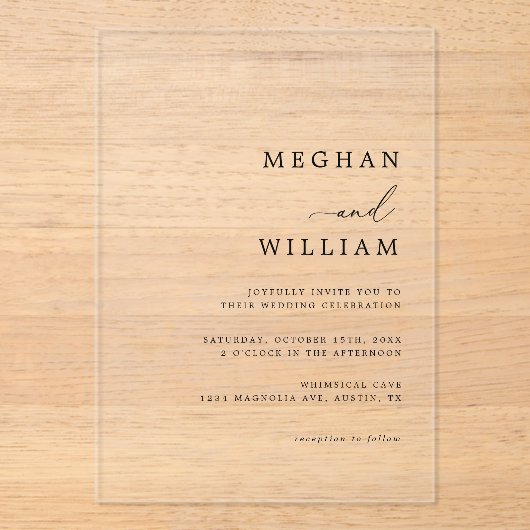 Elegant kalligrafie script zwart wit bruiloft acryl uitnodigingen (Voorkant)